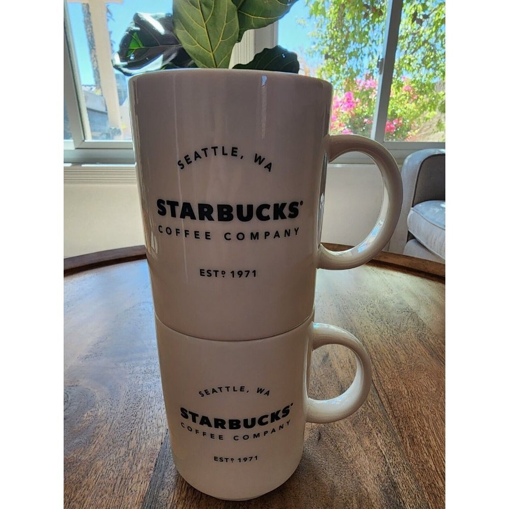 RARE 2x 2018 Starbucks Est 1971 Stackable Coffee Cup Tea Mugs | 14oz